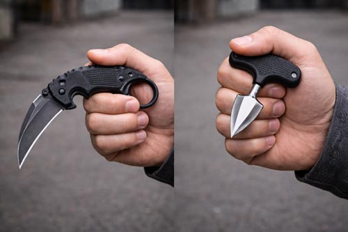 Karambit and push dagger held for close-range self-defense