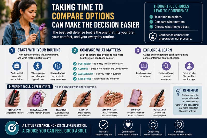 Infographic showing self defense tools and comparison tips for choosing what best fits your lifestyle and daily routine