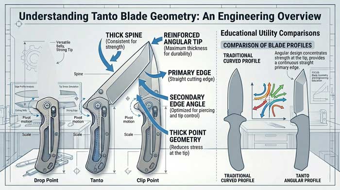 Infographic explaining tanto blade geometry with labeled diagrams showing the angular tip, straight edge, and reinforced point design