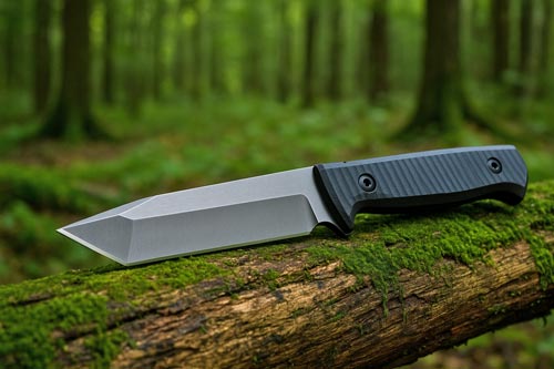 tanto fixed blade knife with a textured black handle resting on a mossy log in the forest