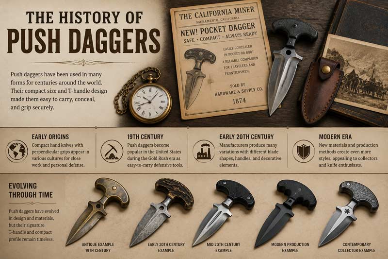 Infographic showing the history and evolution of push daggers from early concealed blade designs to modern collector knife styles