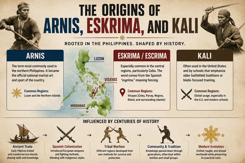 Origins of Arnis, Eskrima, and Kali martial arts with map of the Philippines and historical timeline
