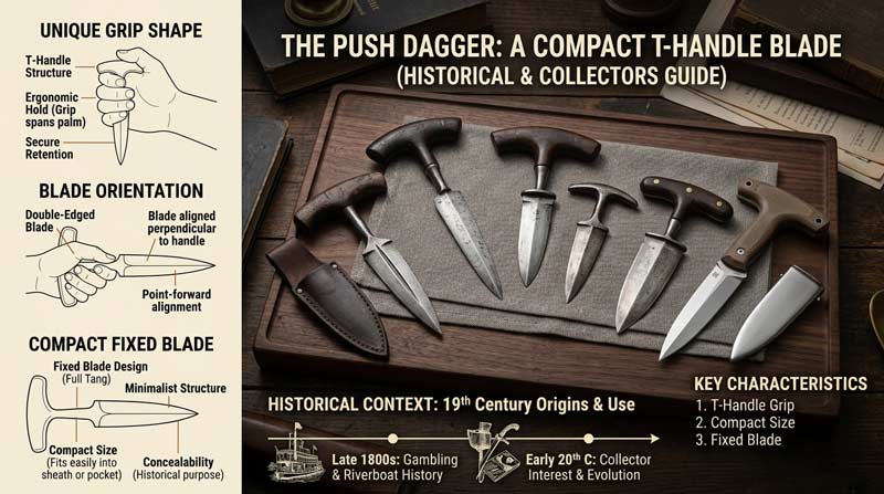 Infographic explaining the design of push daggers with T-handle grip examples and compact fixed blade knife styles