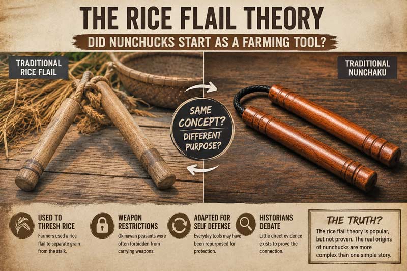 Rice flail theory comparison showing traditional rice flail, wooden nunchaku, and the debate over whether nunchucks really started as farming tools