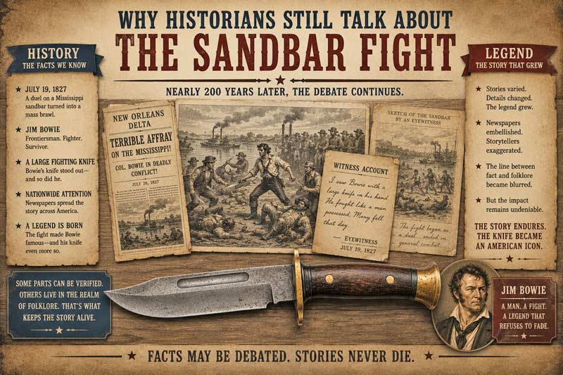 Sandbar Fight history infographic comparing documented facts, eyewitness accounts, and the legends surrounding Jim Bowie and the Bowie knife.