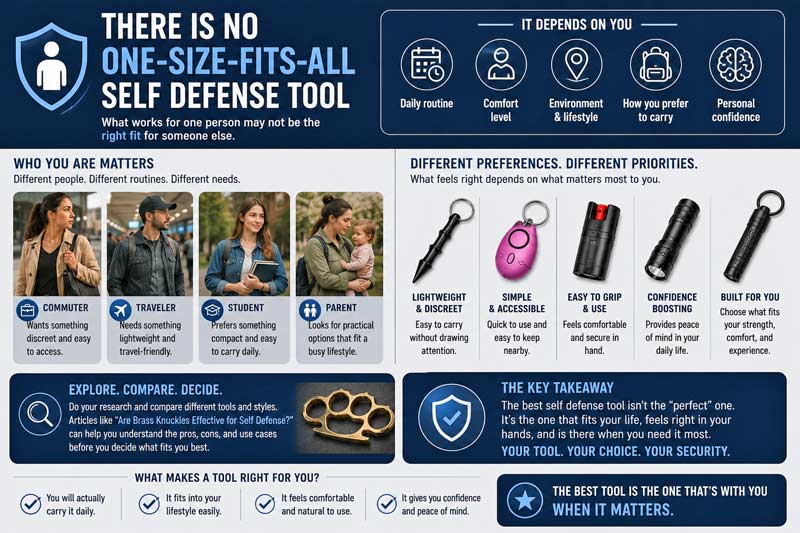 Infographic-style image showing different lifestyles, personal preferences, and everyday carry options to illustrate that the best self defense tool depends on comfort, routine, and individual needs