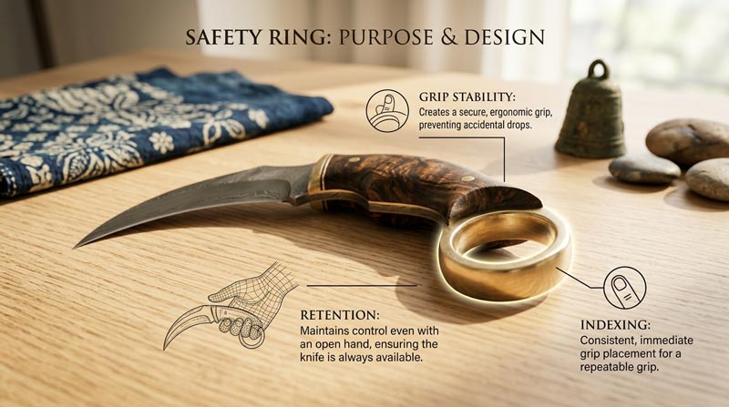 Infographic explaining the purpose of the ring on a karambit knife, highlighting grip, control, and traditional knife design features in an educational layout