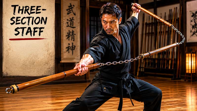 Martial artist demonstrating three-section staff training in a traditional dojo showing flexible movement, chain-linked sections, and advanced coordination skills