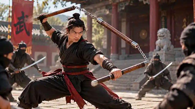 Martial artist wielding a three-section staff against sword-wielding opponents in a Chinese temple courtyard.