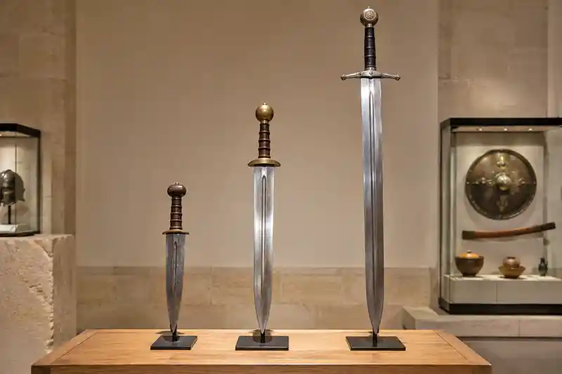 Dagger, short sword, and long sword displayed side by side for size comparison