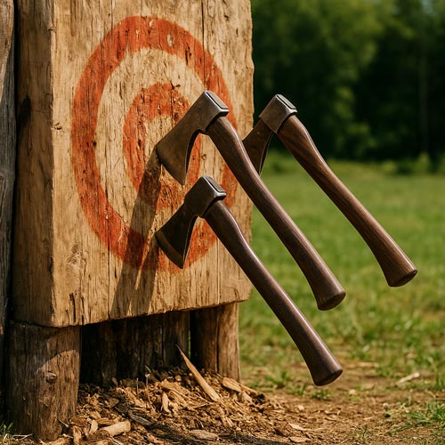 Three throwing axes stuck in a target.