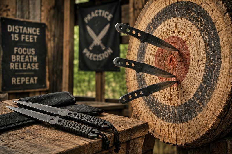 Throwing knives embedded in a wooden target with rustic training range and practice setup.