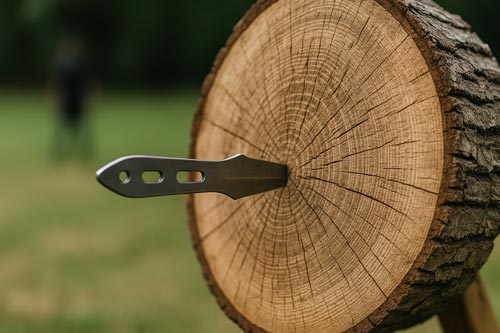 Throwing knife stuck directly in wooden target.