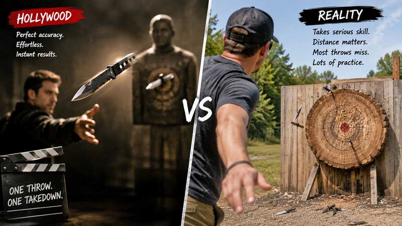 Hollywood vs reality comparison of throwing knife accuracy showing dramatic movie-style precision beside realistic target practice.