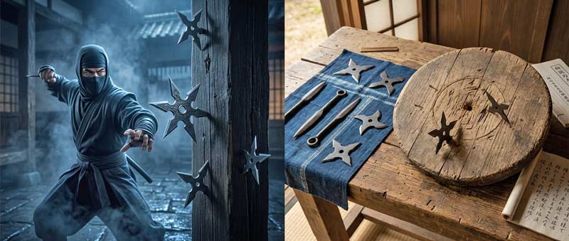 Hollywood vs reality comparison of throwing stars showing cinematic ninja myth beside realistic shuriken target practice.