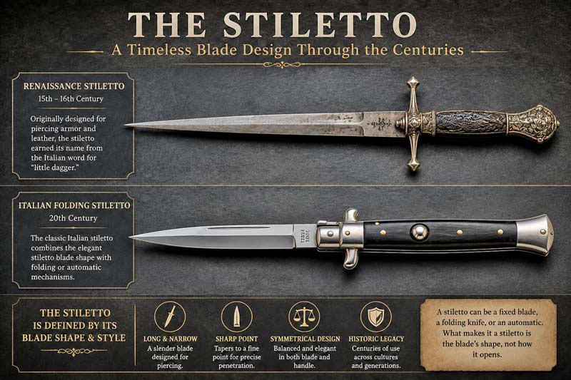Historical Renaissance stiletto dagger displayed above a classic Italian folding stiletto knife