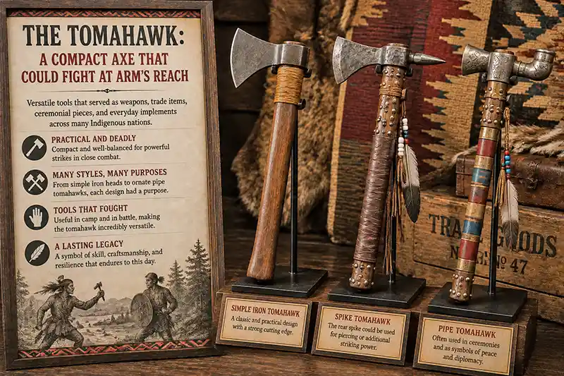 Historical iron, spike, and pipe tomahawks on display
