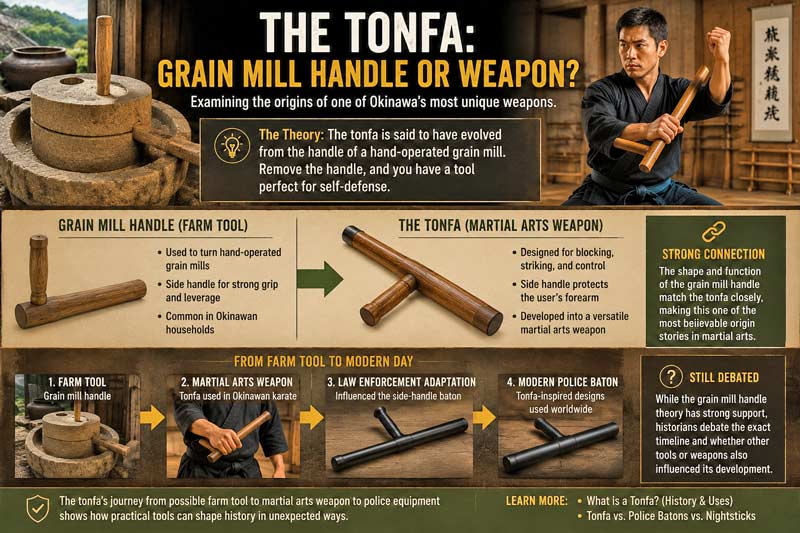 Tonfa origin comparison showing a grain mill handle, traditional tonfa weapon, Okinawan martial arts training, and the debate over its farm tool roots