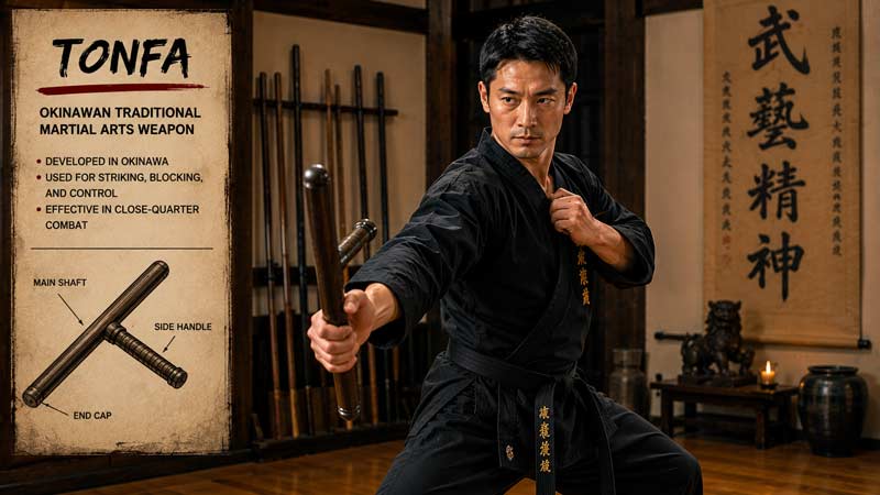 Martial artist demonstrating traditional tonfa techniques in an Okinawan-style dojo showing defensive stance, side-handle weapon control, and historical martial arts training