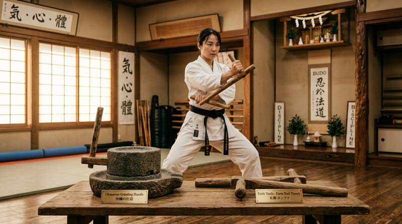 Martial artist training with traditional wooden tonfa in a dojo with historical grinding stone handle display showing the weapons possible origins