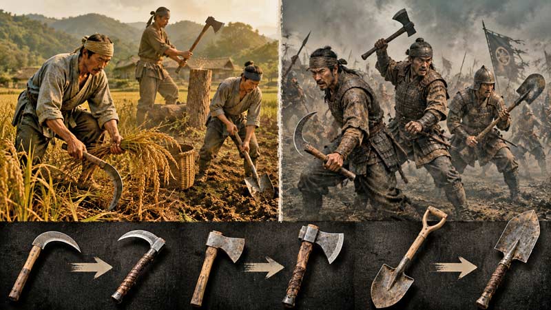 Farm tools transforming into battlefield weapons across history