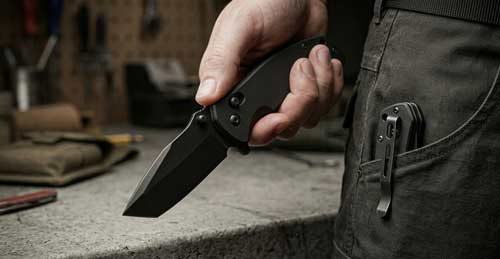 Tactical knife with black blade deployed by hand next to a low-profile folder in a pocket.