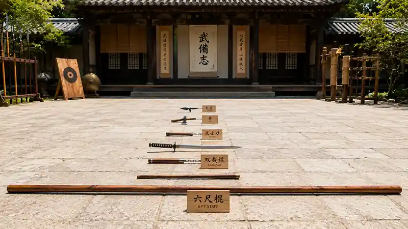 Long staff compared with shorter weapons in a martial arts courtyard