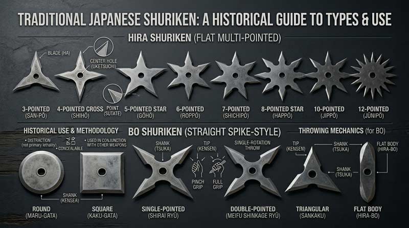 Infographic showing traditional Japanese shuriken including flat hira shuriken and straight bo shuriken with labeled educational details