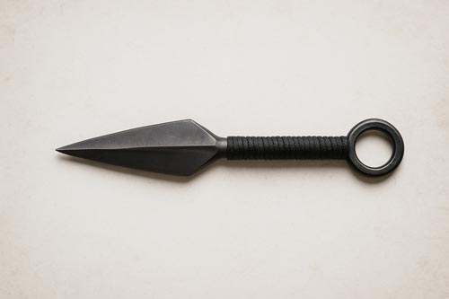 Top view of a traditional kunai knife with wrapped handle and ring pommel.