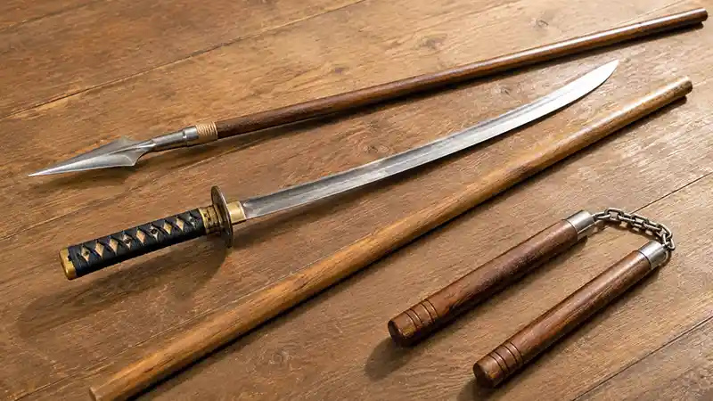 Traditional Weapons on a Wooden Table