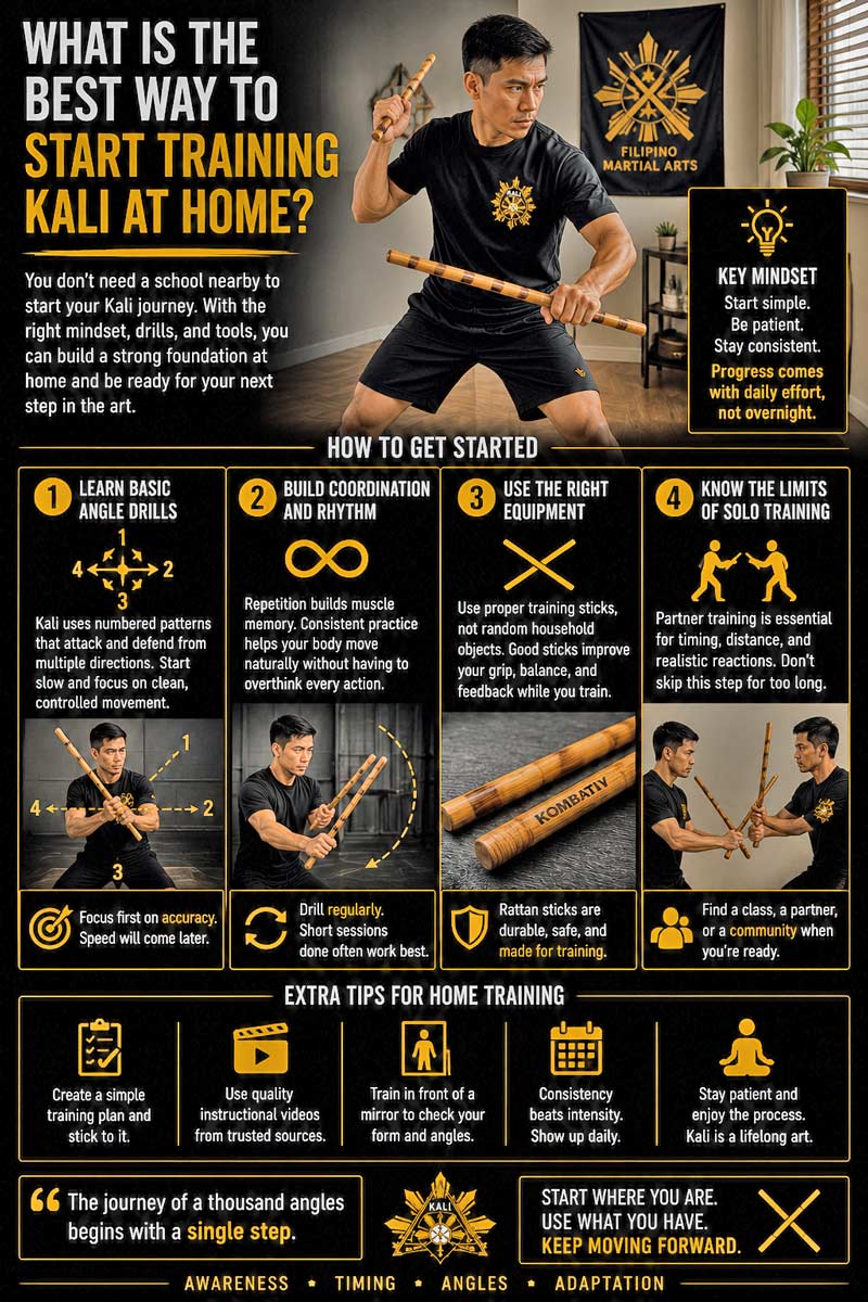 Kali at home training and beginner stick drills infographic