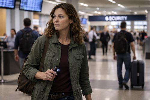 Traveler carrying self-defense tool in terminal.