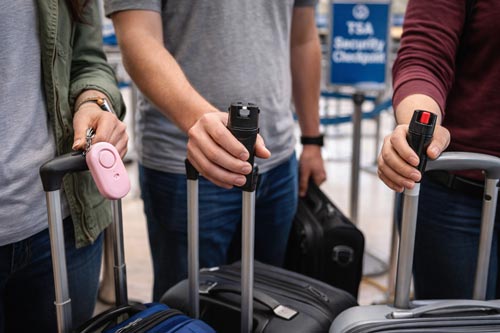Travelers with self-defense tools and luggage.