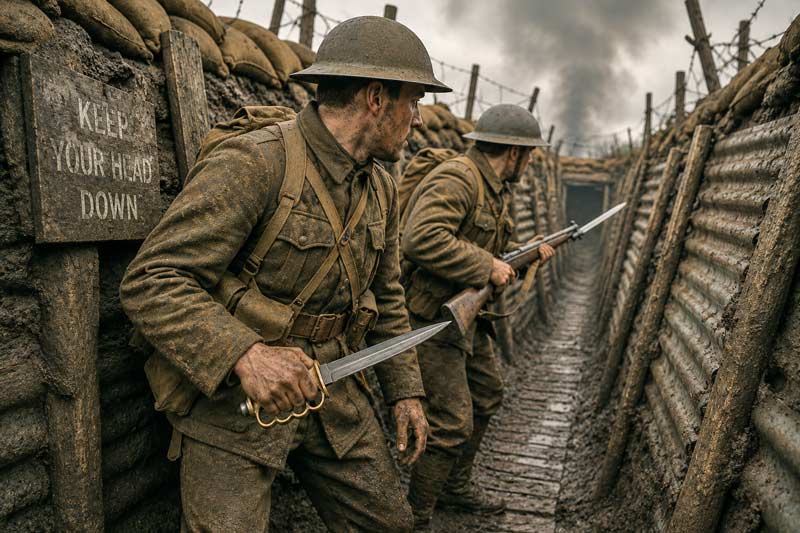 World War I soldiers carrying a trench knife and rifle through a muddy trench.
