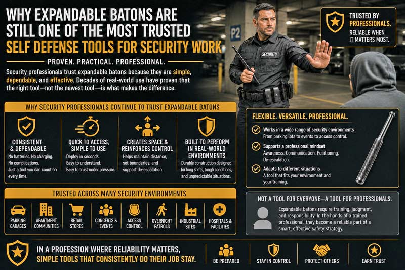 Trusted expandable baton for professional security work infographic