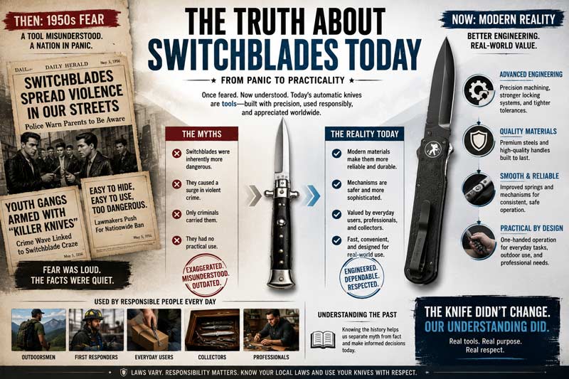Modern switchblade infographic showing the shift from 1950s fear and myths to practical everyday use.