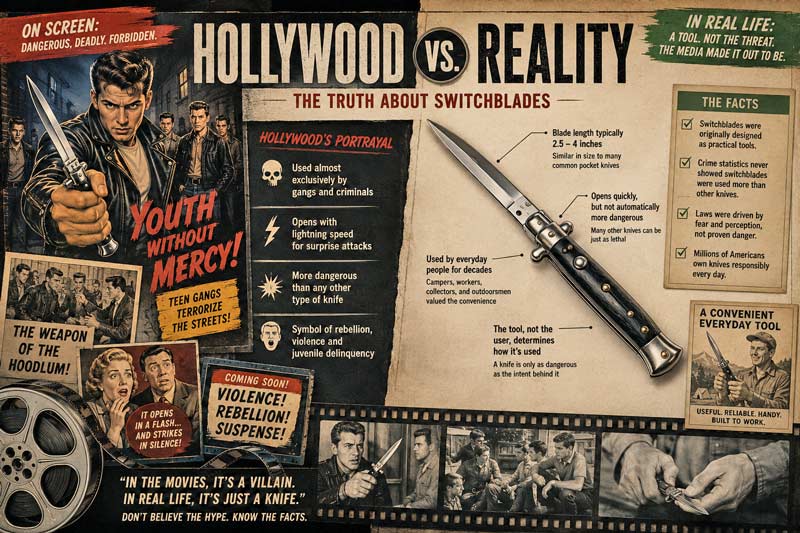 Hollywood versus reality infographic showing how movies shaped America's fear of switchblades.