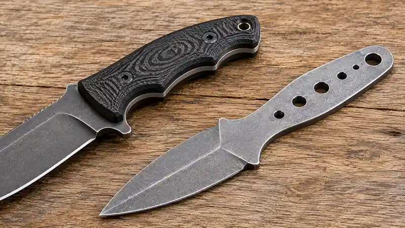 Conventional knife handle compared with a bare metal throwing knife handle
