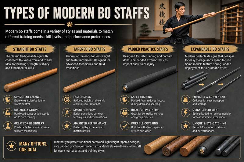 Infographic comparing modern bo staff styles including straight staffs, tapered staffs, padded practice staffs, and expandable bo staffs