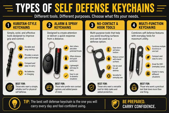 Infographic showing different types of self defense keychains including kubotan, alarm and spray, no-contact tools, and multi-function designs