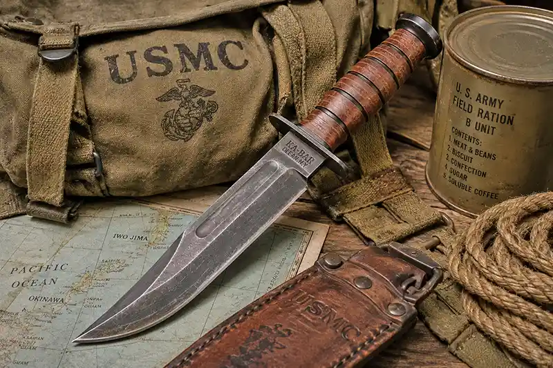 World War II Ka-Bar knife with Marine Corps field gear.