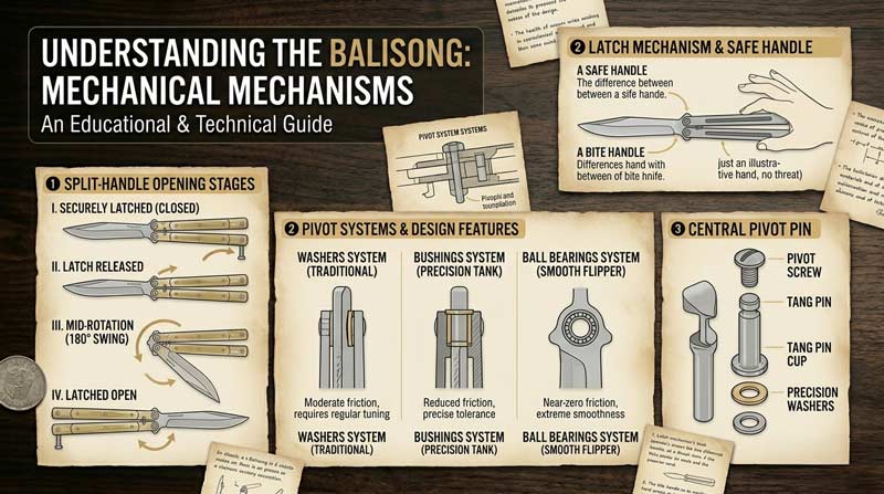 Infographic explaining how butterfly knives work with split-handle opening stages, pivots, latch systems, and balisong mechanics