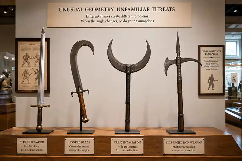 Unusual historical weapon shapes displayed beside a traditional straight sword