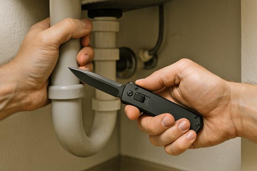 Hands using a black automatic knife to work in a tight space under a sink.