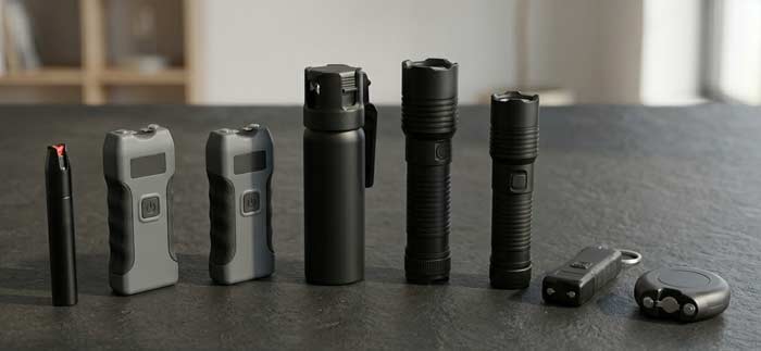 A photograph of various self-defense items, including flashlights, pepper spray, and personal alarms, arranged on a dark table surface.