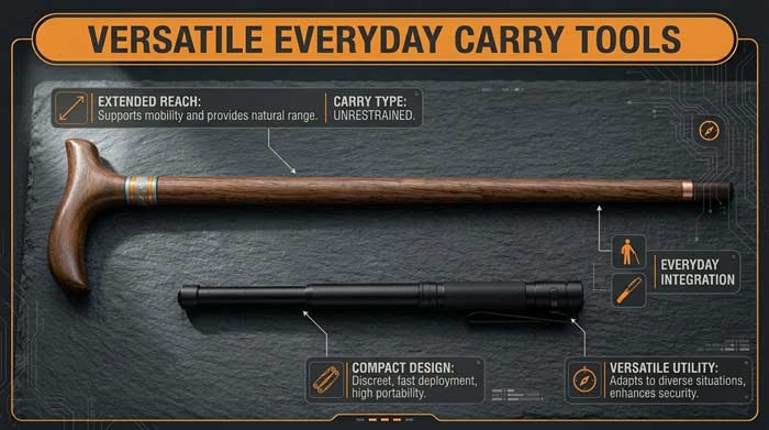Infographic showing a walking cane and a collapsed baton side by side, highlighting reach, portability, and everyday carry use