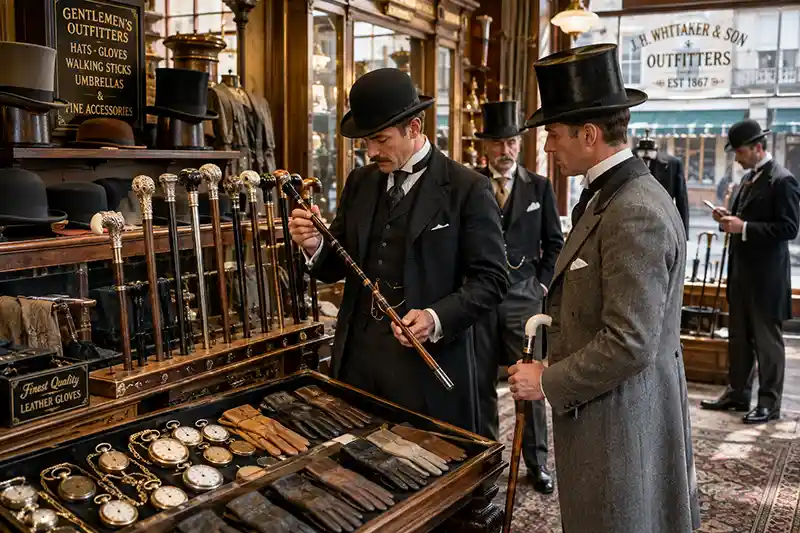 Victorian gentlemen browsing walking sticks and accessories in a traditional outfitter shop