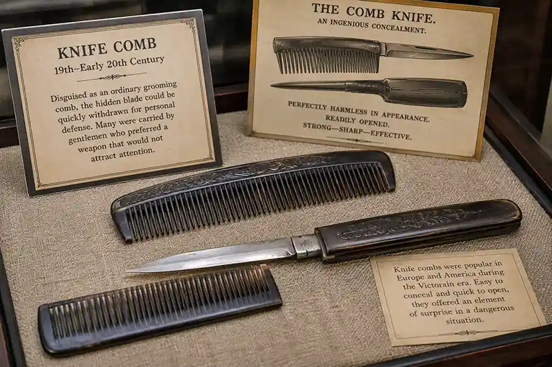 Antique knife comb with concealed blade in Victorian museum display