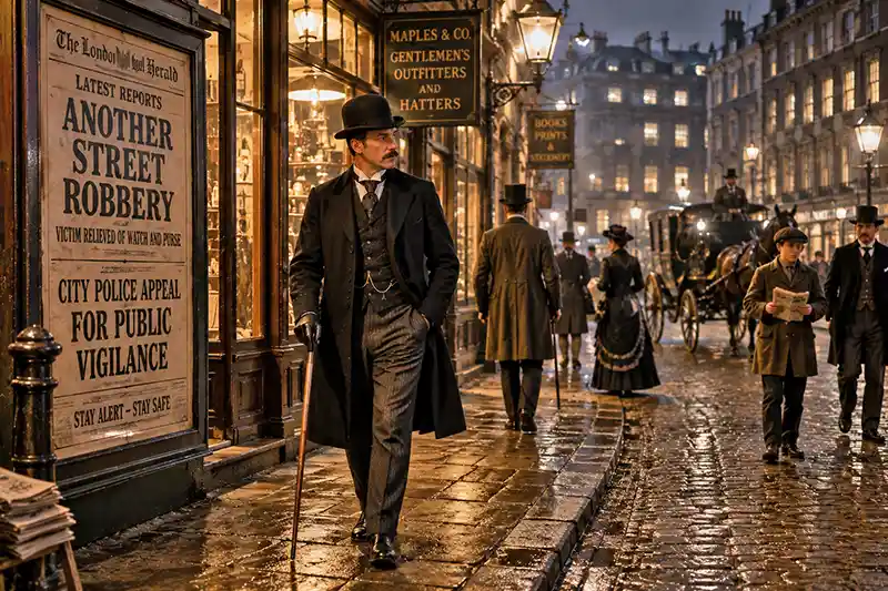 Victorian gentleman carrying a cane on a city street beside a newspaper warning of street robbery