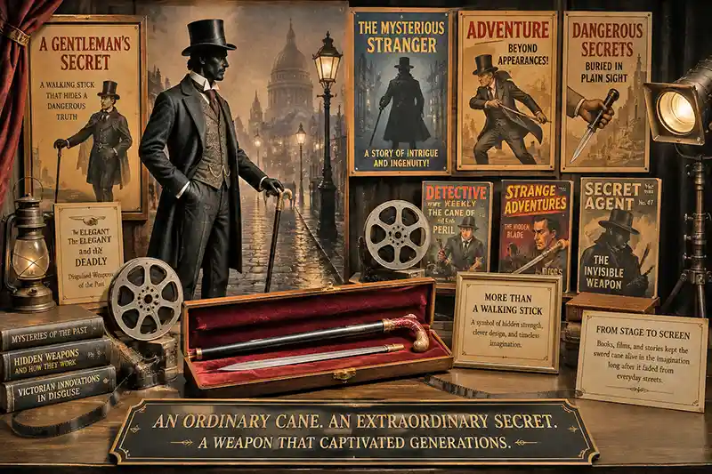 Sword cane featured in vintage books, posters, and films as a mysterious hidden weapon